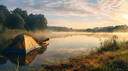 Aufkleber - Early morning on the river with fog. Scenic colourful sunrise over river in Belarus. Beautiful morning landscape with camping tent and kayak on the river at sunrise