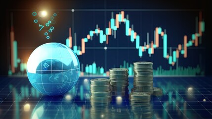 Poster - Blue candlestick graph 3d icon isolated on white background with market finance business trade exchange stock diagram or financial investment chart symbol and money profit economy bubble message sign.