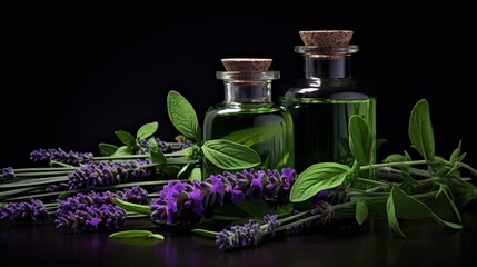 Canvas Print - Fresh mint, lavender leaves and bottles of essential oil for aromatherapy, alternate medicine and perfumery