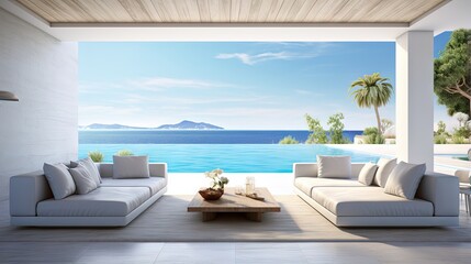 Poster - Sea view empty large living room of luxury summer beach house with swimming pool near terrace. Big white wall background in vacation home or holiday villa. 3D Rendering