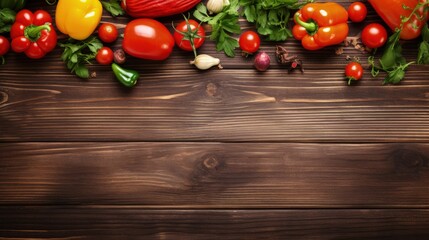 Aufkleber - ingredients for cooking vegetarian food, tomatoes, butter, herbs, colorful peppers on wooden rustic background top view border, place for text