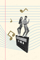 Poster - Artwork magazine collage picture of funky funny lady guy enjoying cassette music isolated drawing background