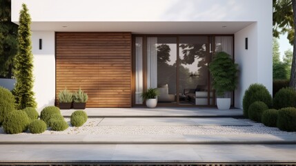 Aufkleber - New house with wooden door and empty white signage. 3d rendering of large patio in modern home.