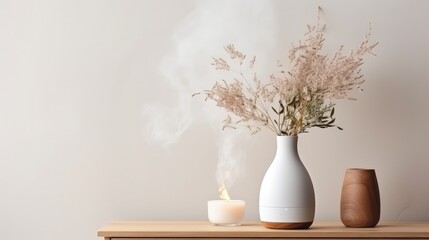 Wall Mural - Air humidifier, figurine and vase with dried flowers on the white shelf. Minimalistic Scandinavian interior. Selecive focus, copy space