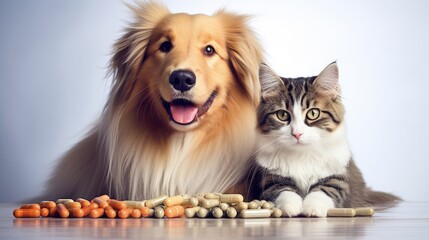 Aufkleber - Vitamins for pets. Cute dog with cat and pills on white background