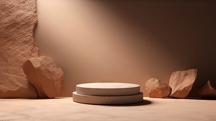 Aufkleber - 3D podium stone display on brown background. Beige rock, cosmetic beauty product promotion pedestal with sun shadow. Nature landscape showcase. Abstract minimal studio 3D render