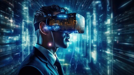 Leinwandbilder - programmer in virtual reality glasses writing code for computer app engineering software coding vr vision headset innovation