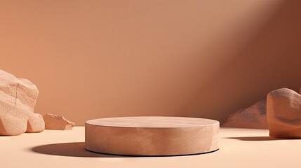 Aufkleber - 3D podium stone display on brown background. Beige rock, cosmetic beauty product promotion pedestal with sun shadow. Nature landscape showcase. Abstract minimal studio 3D render