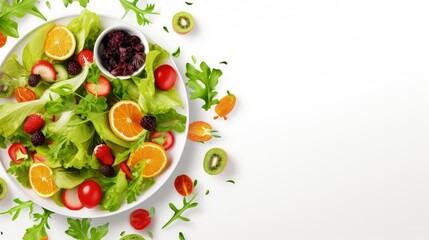 Poster - Fresh salad with fruits and greens on white background top view with space for text. Healthy food.