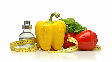 Canvas Print - Bell pepper with measuring tape, dumbbells and bottle of water, isolated on white