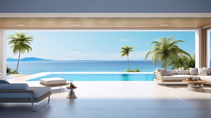 Canvas Print - Sea view empty large living room of luxury summer beach house with swimming pool near terrace. Big white wall background in vacation home or holiday villa. 3D Rendering