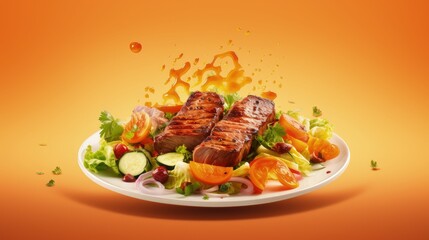 Poster - Floating White plate with Mixed meat grilled and salad on orange gradient background