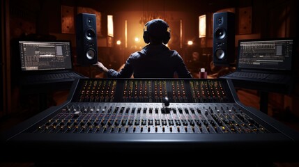 Canvas Print - Sound recording studio mixing desk with engineer or music producer