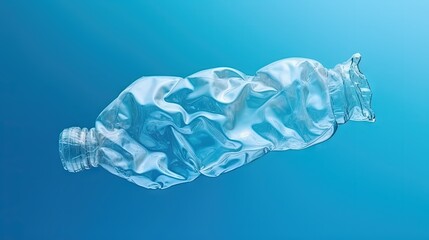 Poster - Empty rumpled used plastic bottle on blue background. Top view, copy space. Pollution, environmental protection concept. Reuse garbage, recycle, plastic free. Earth, world water day.