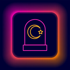 Wall Mural - Glowing neon line Muslim cemetery icon isolated on black background. Islamic gravestone. Colorful outline concept. Vector