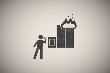 Poster - Man, fire, phone icon vector illustration in stamp style