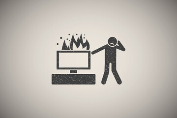 Canvas Print - Tv in fire and man cry icon vector illustration in stamp style