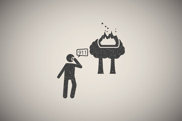 Poster - Fire, call, man, trees icon vector illustration in stamp style