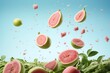 a clean detailed studio photo of fresh raw ripe guava flying in the air on pastel gradient background. fruit food ingredient levitation.