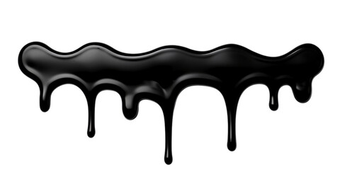 Dripping down black glossy paint drop splash close-up isolated on transparent background