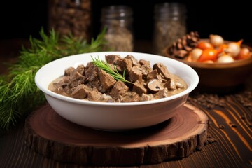 Poster - close-up of beef stroganoff in white bowl on wooden table