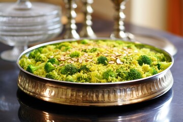 Canvas Print - broccoli rice serving on a round mirrored dish