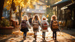 Group of Happy children goes to school via autumn alley. 