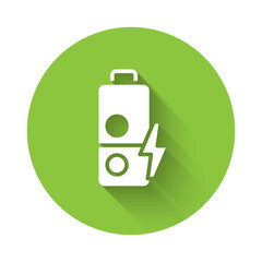 Poster - White Battery charge level indicator icon isolated with long shadow background. Green circle button. Vector