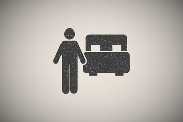 Poster - Bed, man, hotel, sleep icon vector illustration in stamp style