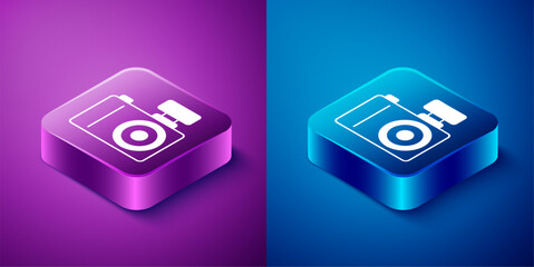 Sticker - Isometric Photo camera icon isolated on blue and purple background. Foto camera. Digital photography. Square button. Vector