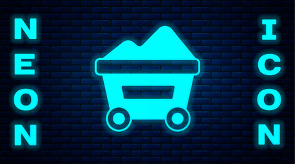 Wall Mural - Glowing neon Coal mine trolley icon isolated on brick wall background. Factory coal mine trolley. Vector