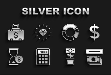 Canvas Print - Set Calculator, Dollar symbol, ATM and money, Money plant in the pot, Hourglass with dollar, Pie chart infographic, Briefcase and Diamond icon. Vector