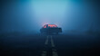 Car with eerie glowing light inside parked in middle of road in foggy moody forest during blue hour