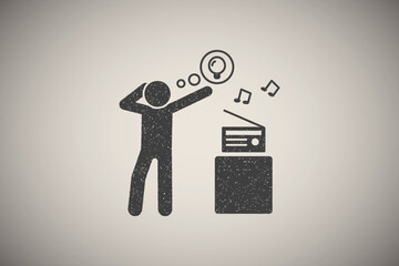 Poster - Radio, music, man icon vector illustration in stamp style