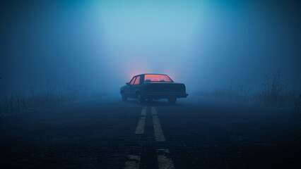 car with eerie glowing light inside parked in middle of road in foggy moody forest during blue hour
