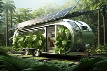 Retro campervan in lush green meadow, eco-friendly travel vehicle with solar panels, sustainable lifestyle concept