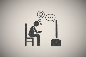 Poster - Man have idea during watching tv icon vector illustration in stamp style