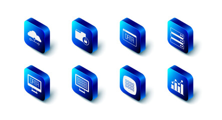 Poster - Set Folder and lock, Data analysis, Server, Pie chart infographic, Binary code, and Network cloud connection icon. Vector