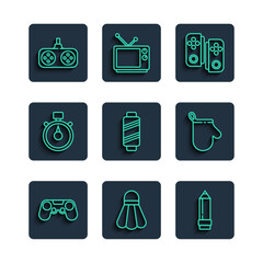 Sticker - Set line Gamepad, Badminton shuttlecock, Pencil with eraser, Sewing thread spool, Stopwatch, and Oven glove icon. Vector