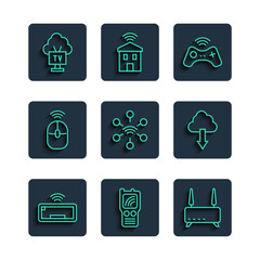 Poster - Set line Computer keyboard, Walkie talkie, Router and wi-fi signal, Wireless gamepad, Network, computer mouse, Smart Tv and Cloud download icon. Vector