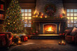 A Cozy Living Room Adorned with a Warm Fireplace and a Decorated Tree with Christmas Lights 