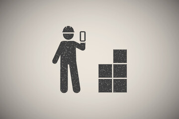 Poster - Man, worker, phone, box icon vector illustration in stamp style