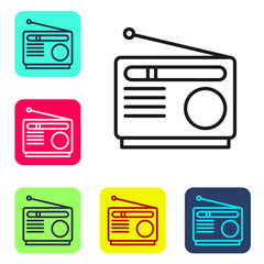 Poster - Black line Radio with antenna icon isolated on white background. Set icons in color square buttons. Vector