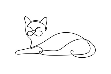 Poster - Cat resting in continuous line art drawing style. Abstract cat lying down and lazy looking at camera black linear design isolated on white background. Vector illustration