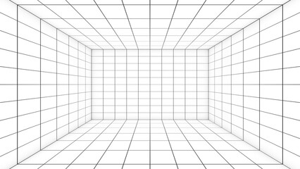 Poster - A grid of lines in an empty, white room serves as a visual cue. ,a space with a distance-measuring grid , a grid view,3d rendering