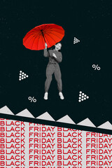 Sticker - Vertical illustration collage of flying funny red parasol girl teenager black friday trap cant stop buying isolated on dark background