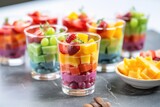 Fototapeta Kuchnia - mini dessert glass filled with rainbow-colored fruit salad