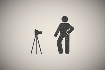 Poster - Camera, man, pose, picture pictogram icon vector illustration in stamp style