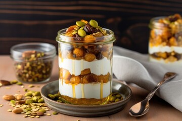 Poster - pistachio-topped greek yogurt parfait with honey drizzle