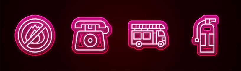 Poster - Set line No fire, Telephone call 911, Fire truck and extinguisher. Glowing neon icon. Vector